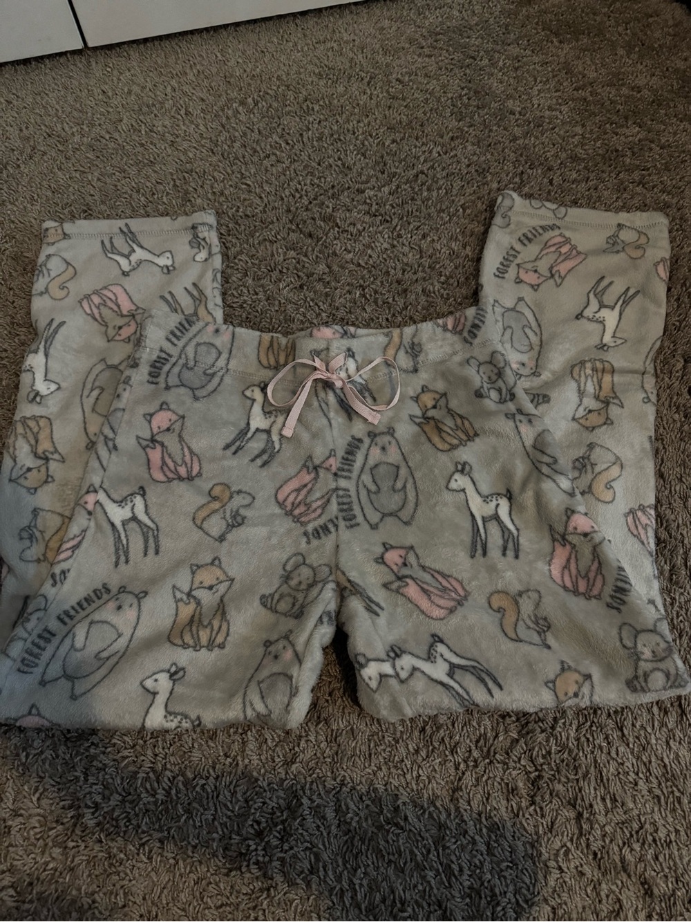 Secret Treasures Plush Animal Print Pajama Bottoms - Gray & Pink Accents